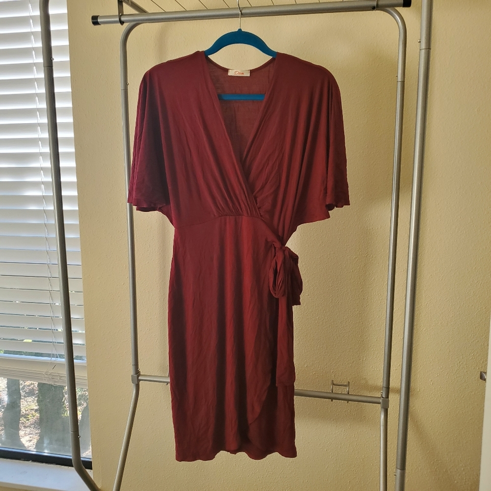 Faux wrap knit bell sleeve dress